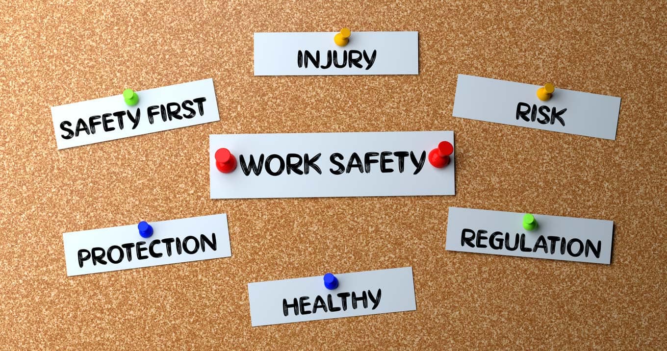 Image of bulletin board with the words Work Safety, Safety First, Injury, Risk, Protection, Healthy, Regulation
