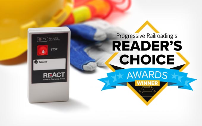 Photo of REAct device with Progressive Railroad's Reader's Choice Awards logo